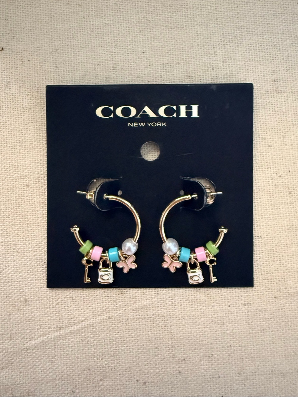 Coach Gold Hoop Earrings with Pink, Blue, Green Beads and Pearl Charm NEW!!